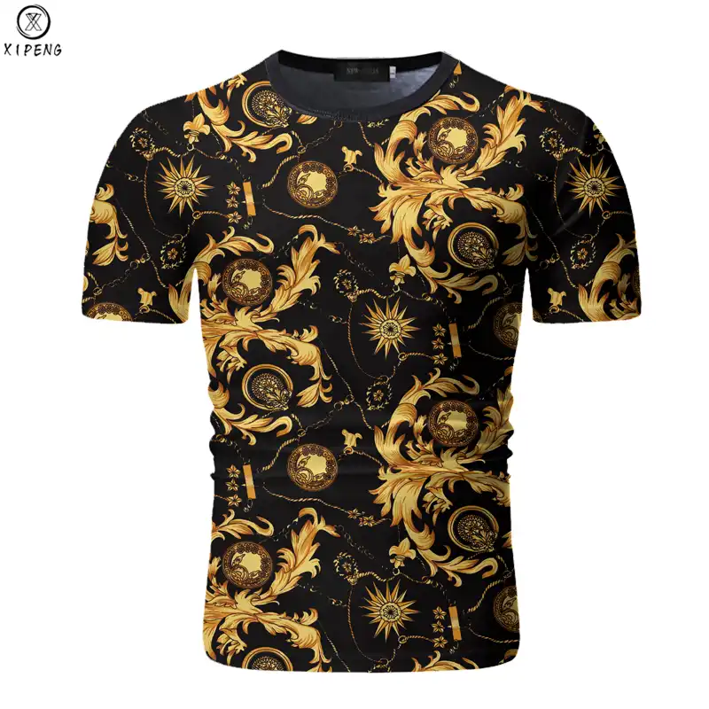 ファッションブランド黒tシャツ男性高級バロックtシャツゴシック3d黄金の花ロイヤル男性服夏カジュアルトップスtシャツ T Shirts Aliexpress