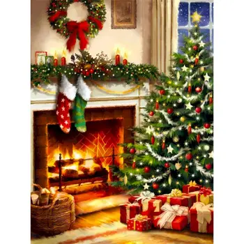 

Gatyztory Frame Christmas Tree Stove DIY Painting By Numbers Handpainted Oil Painting Canvas Colouring Gift