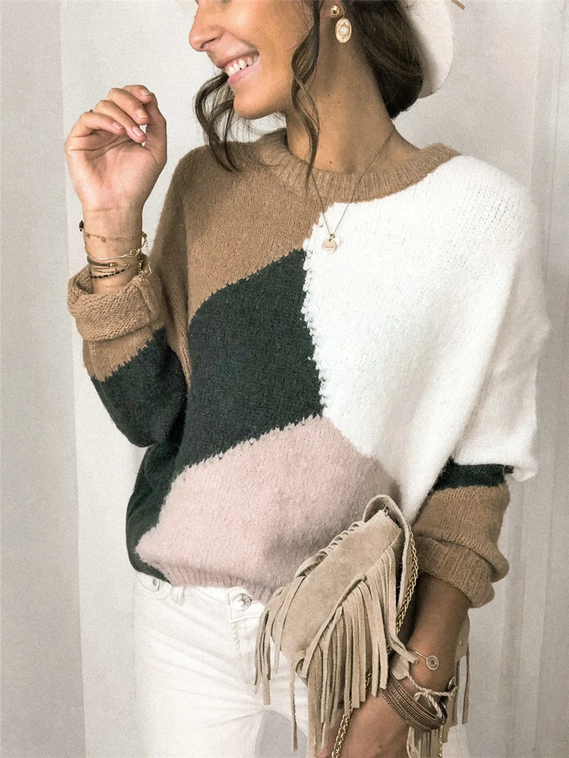 

2020 New Fashion Women Loose Knitted Sweater Autumn and Winter Long Sleeve Round Neck Color Block Pullover Casual lady Tops