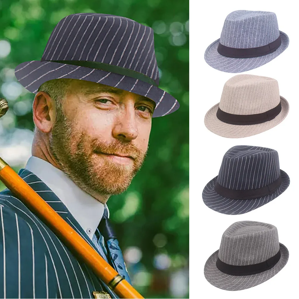 Striped Patchwork Men England Beach Sun Hat Hard Fedoras Panama Fedoras Hat Gangsters Cap sun hats gorros hombre invierno