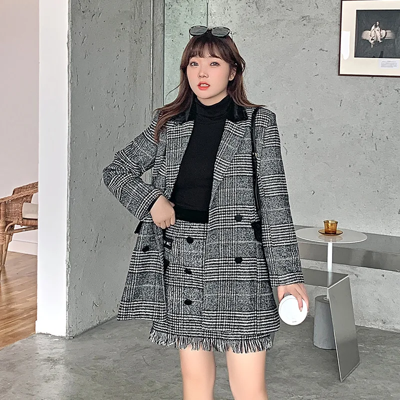 

Spring Autumn Winter Office Lace Womens Blazers Long Sleeve Pockets Mid Length Blend Plaid Suit Jackets Woman Tops