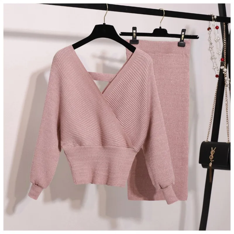 Новое поступление, осенне-зимний женский элегантный вязаный свитер, блестящий вязаный сексуальный пуловер с рукавом летучая мышь+ облегающая юбка, комплект из 2 предметов