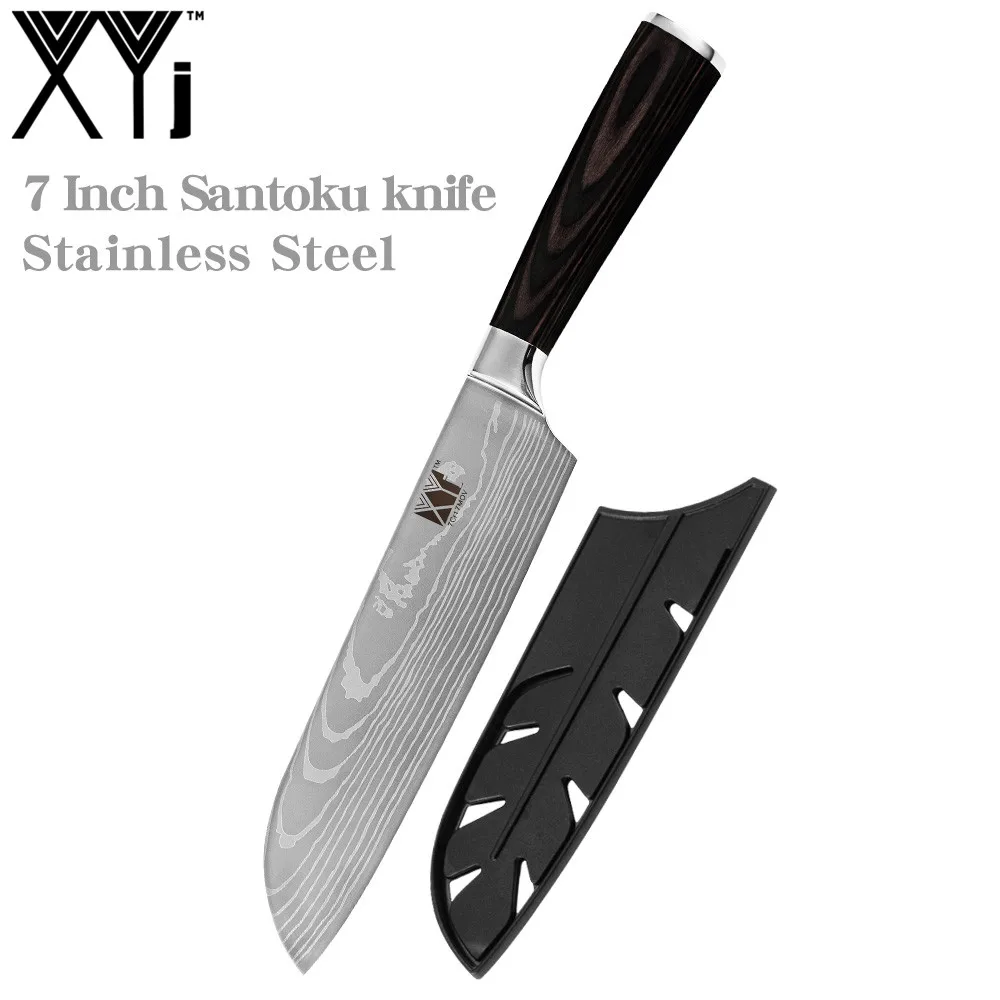 XYj 8 ''из нержавеющей стали хлеб дамасский кухонный нож узор лезвие цвет нож с деревянной ручкой торт арбуз сняли бесплатные чехлы - Цвет: D.7 santoku knife