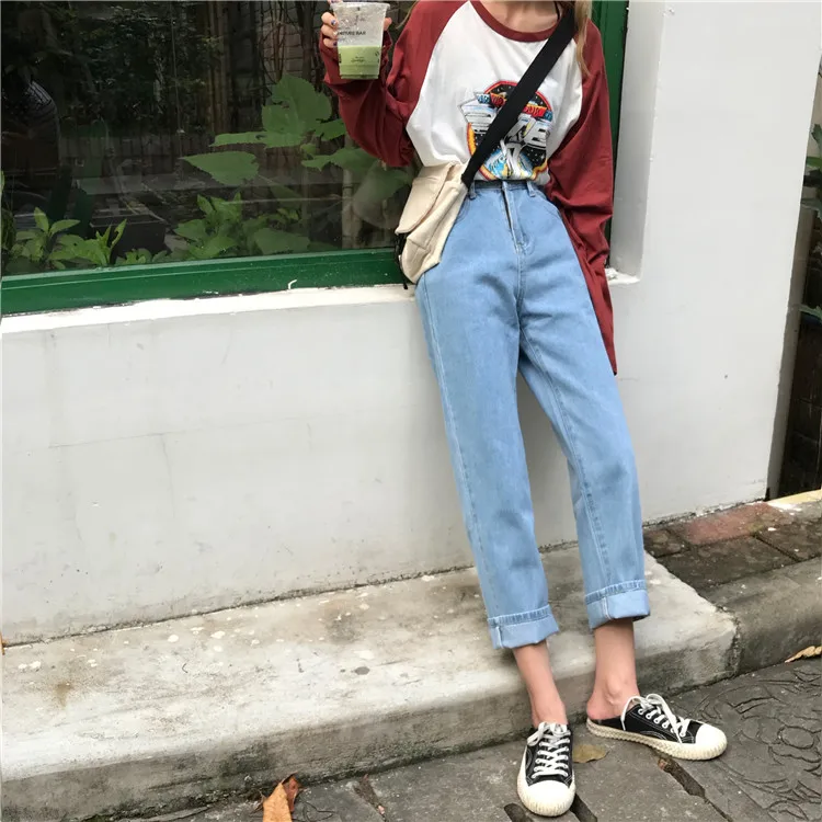 Джинсы Kawaii, однотонные, простые, с высокой талией, прямые, универсальные, Harajuku, корейский стиль, студенческие, длиной до щиколотки, женские брюки на молнии