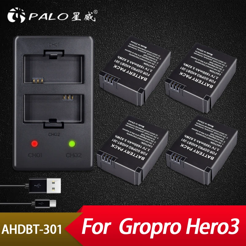 Palo 4 шт. батарея для камеры 3,7 V+ USB двойное зарядное устройство для Gopro Hero 3/3+ AHDBT-201/AHDBT-301 аксессуары для камеры комплект зарядного устройства
