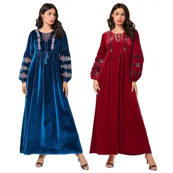 

Abaya Muslim Flower Embroidery Women Velvet Long Maxi Dress Kaftan Loose Dubai Robe Gown Autumn 2019 Dress Jilbab O-neck Fashion