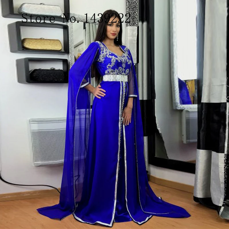 Королевский синий марокканский кафтан шифон Вечерние платья Длинные Бусины кружева аппликации Саудовская Арабский мусульманский особых случаев Robe De Soiree - Цвет: Синий