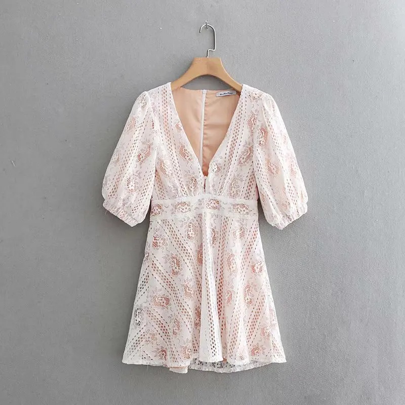 

Western Style 2019 Spring New Style Versitile Fashion V-neck Slimming Waist Hugging Lace Holiday Dress Short Skirt Women's Fashi