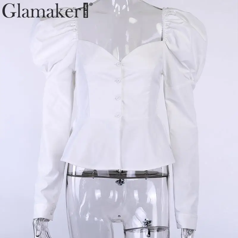 Glamaker, винтажная Женская белая блузка с v-образным вырезом, на пуговицах, с длинным рукавом-фонариком, элегантная женская блузка на осень и зиму, вечерние, Клубные, сексуальные блузки