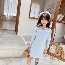 Милое голубое платье для девочек милое платье принцессы для маленьких девочек платье с цветочным принтом и длинными рукавами, одежда для От 2 до 12 лет детей