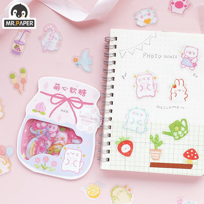 Mr.paper 6 Designs 45 Pcs/bag Cartoon Style Cute Heart Soft Candy Series Creative Hand Account Deco DIY Collage Material Sticker