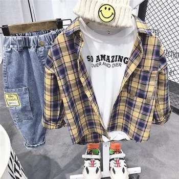 

Kids Sets Boys Autumn New Children Plaid shirt + T-shirt+ jeans 3pcs Sets of Children's Sport Suit 2-6Ages boys Clothing sets