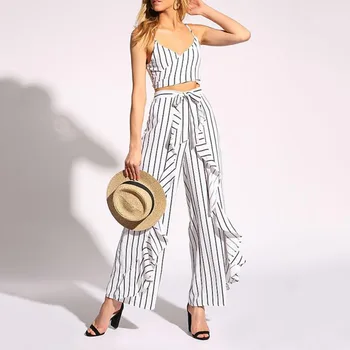 

2020 Women's Two Piece Set Summer Stripe Sleeveless Vest Shirt Crop Top Tank Set Fashion 2PCS Women's Clothes Set Wide Leg Pant