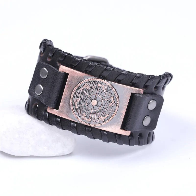 wide black-copper Skyrim Викинг подвеска в виде топора широкий кожаный браслет браслеты скандинавские мифологические скандинавские славянские амулет Коловрат Wicca Pulseira ювелирные изделия - Окраска металла: wide black-copper