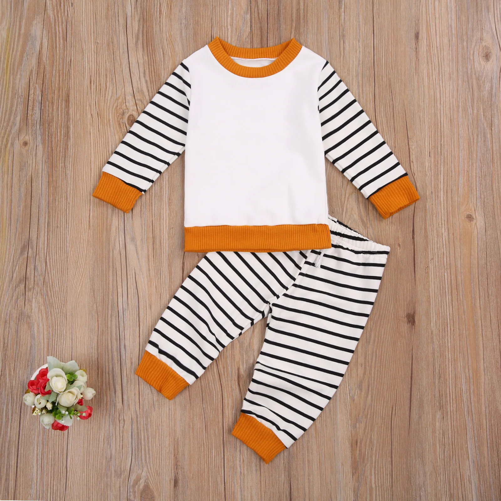 

Emmababy Newborn Baby Clothes Autumn Long Sleeve Round Neck Knitted Cotton Tops Elastic Head Stripe Pattern Long Trouser 2Pcs