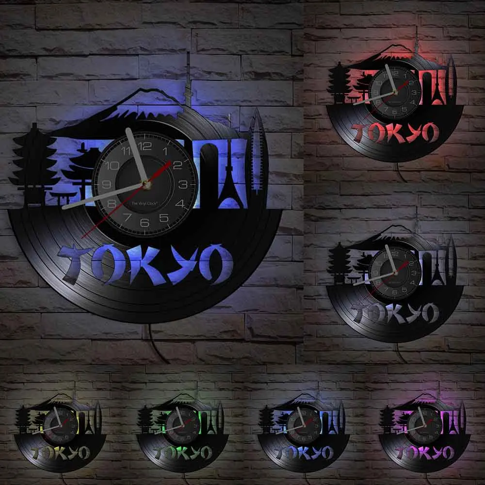 Japan Tokyo Skyline Decorative Wall Clock For Enterprise Office Japanese Cityscape Vinyl Album Record Watches Japan Souvenir 5