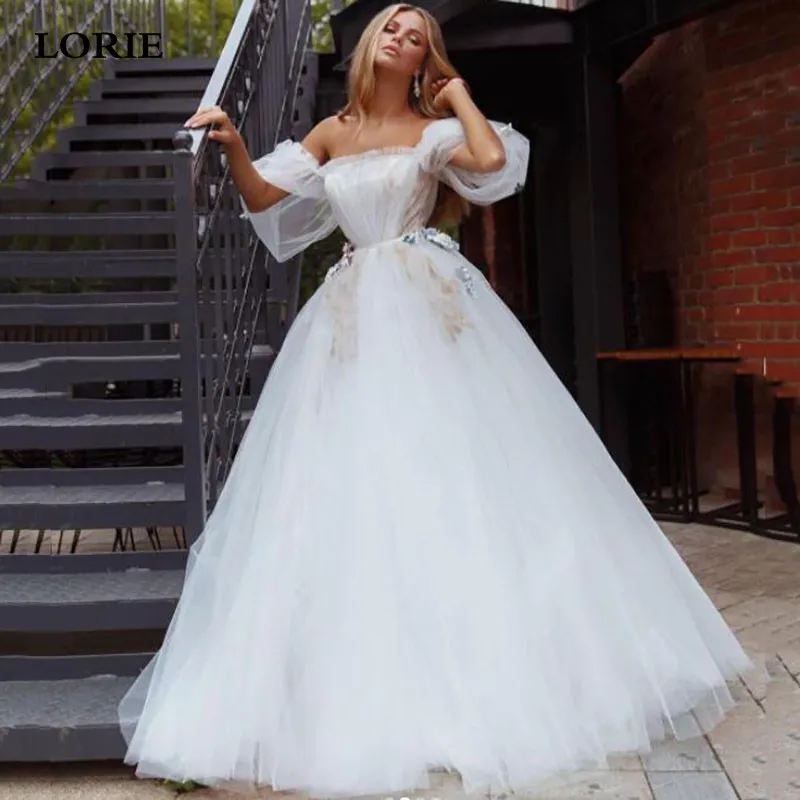 

LORIE ivory Fairy Wedding Dresses 2021 Off The Shoulder Puff Sleeve Bride Dresses With 3D Flowers Wedding Gown Custom Made