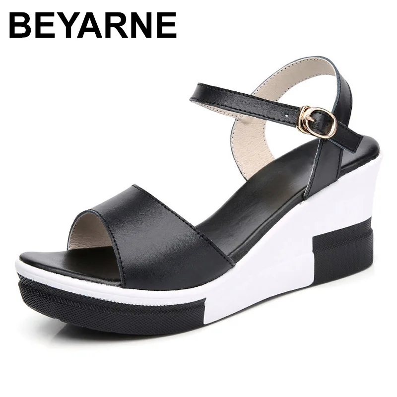 BEYARNEWomen/Босоножки на платформе; обувь из натуральной кожи; белые туфли на плоской подошве; Высокий каблук; Летняя обувь на платформе; me021