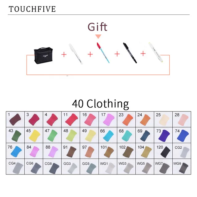 40 CLOTHING TouchFIVE 20 Вт, 30 Вт/40/60/80 цветные маркеры манга чертежные Маркеры Ручка на спиртовой основе эскиз жирной двойной кисть товары для рукоделия - Цвет: 40 CLOTHING