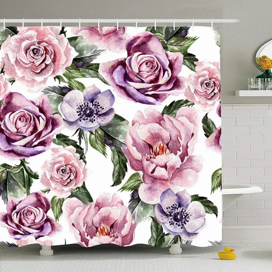 

Shower Curtain Set with Hooks 60x72 Watercolor Pattern Flowers Peony Anemon Fashion Anemone Design Peoniesroses Buds Nature