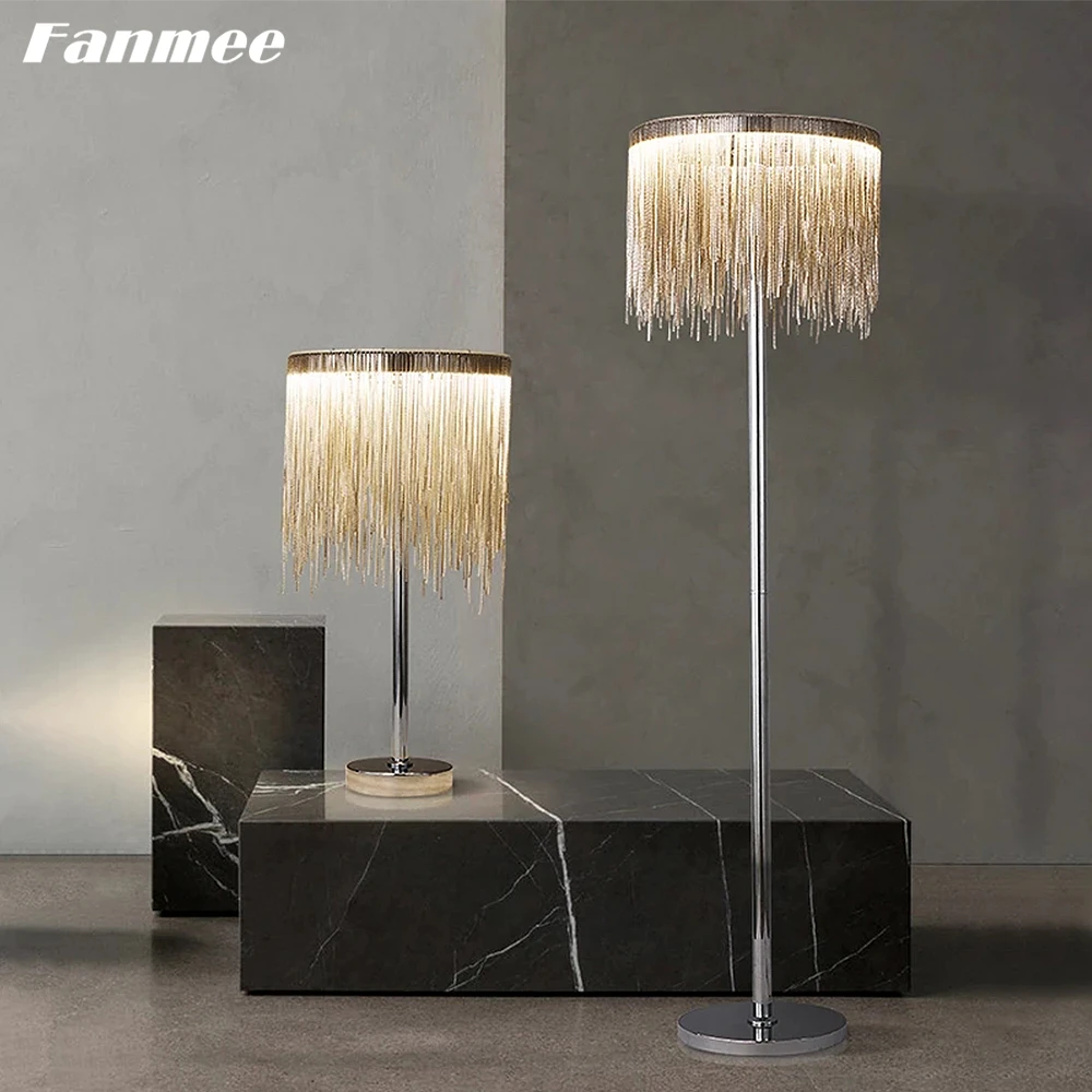 

Round Luxury Floor Lamp LED Modern Aluminum Tassel Indoor Standing Light Silver Chain Home Decor Light Fixture for Bedroom Foyer