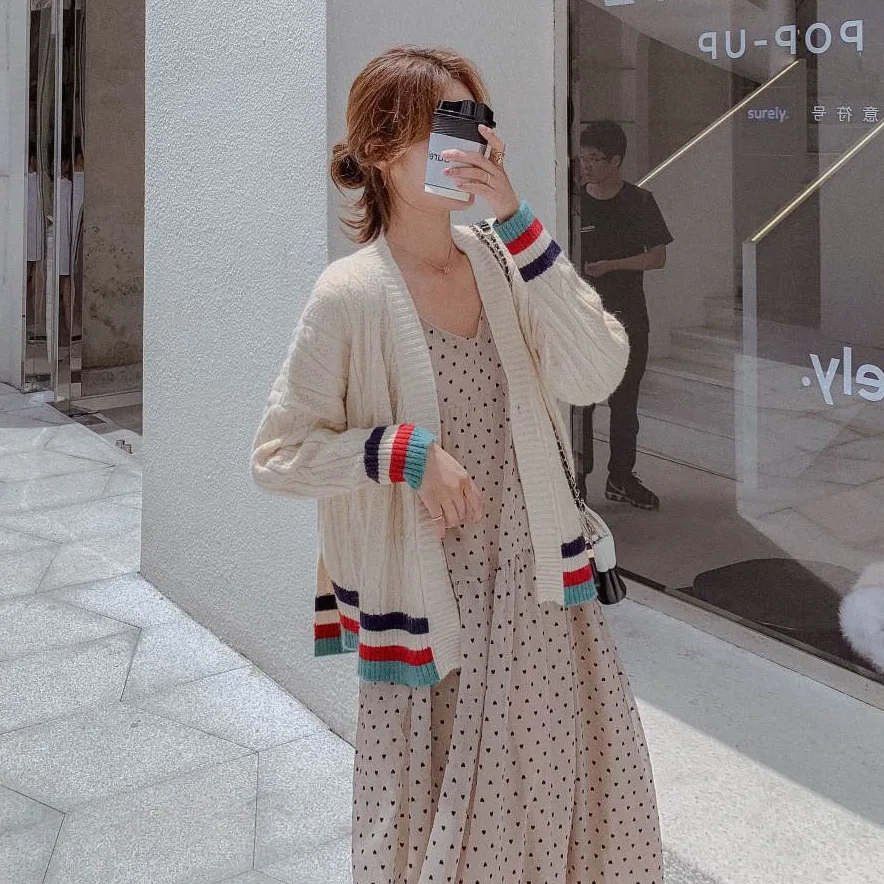 

Photo Shoot INS Korean-style Rainbow Stripes Screw Type Apricot White V-neck One-Button Loose-Fit Short Cardigan Knitted Sweater