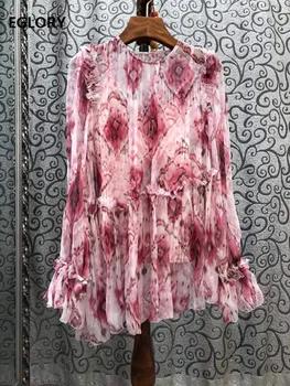 

100%Silk Blouse Shirts 2020 Summer Sexy Beach Women Geometric Prints Flare Sleeve Casual Loose Long Tops Blouse Female Clothing