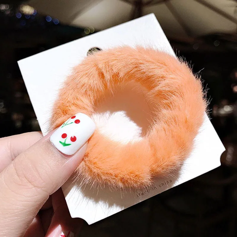 Fashion Fur Ponytail Holder Headband Sweet Plush Hairbands Girl Colorful Women Soft Elastic Scrunchies Rubber Hair Accessories - Цвет: Orange