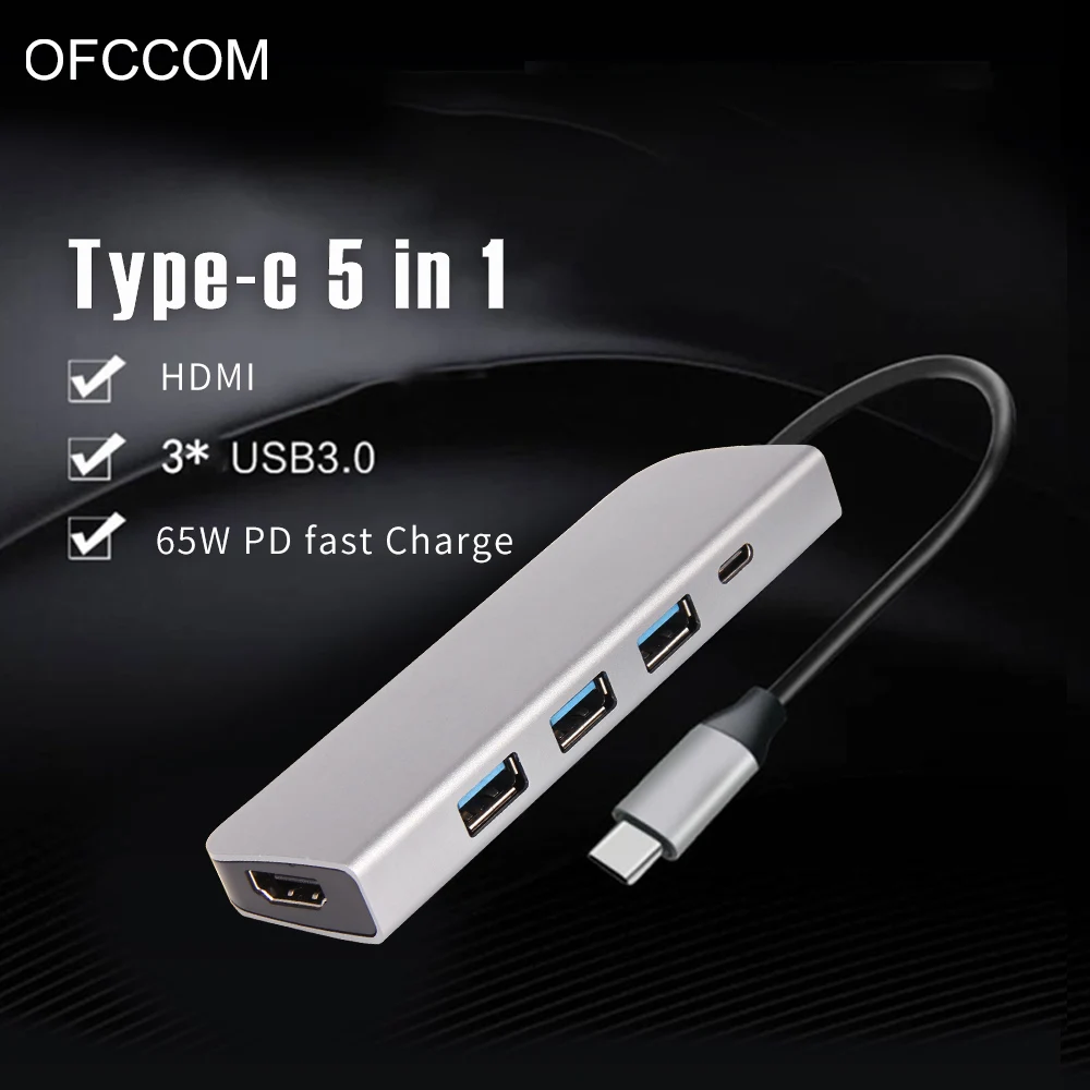 USB C док станция для ноутбука OFCCOM 3 порта USB3.0 HDMI PD Fealushon MacBook Samsung Galaxy Huawei Lenovo Type