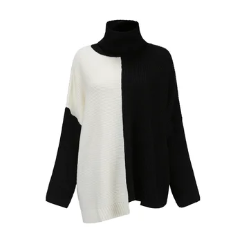 

Turtleneck Sweater Chic Color Block Asymmetrical Autumn Winter Casual Long Sleeve Pullover Jumper Women Oversize Sweaters Knit