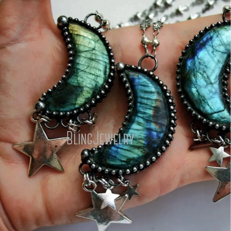 NM40605 Labradorite Crescent Moon And Stars Necklace Crescent Moon Crystal Rainbow Labradorite Gemstone Statement Necklace