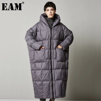 

[EAM] Loose Fit Gray Oversized Long Down Jacket New Hooded Long Sleeve Warm Women Parkas Fashion Tide Autumn Winter 2020 1DA038