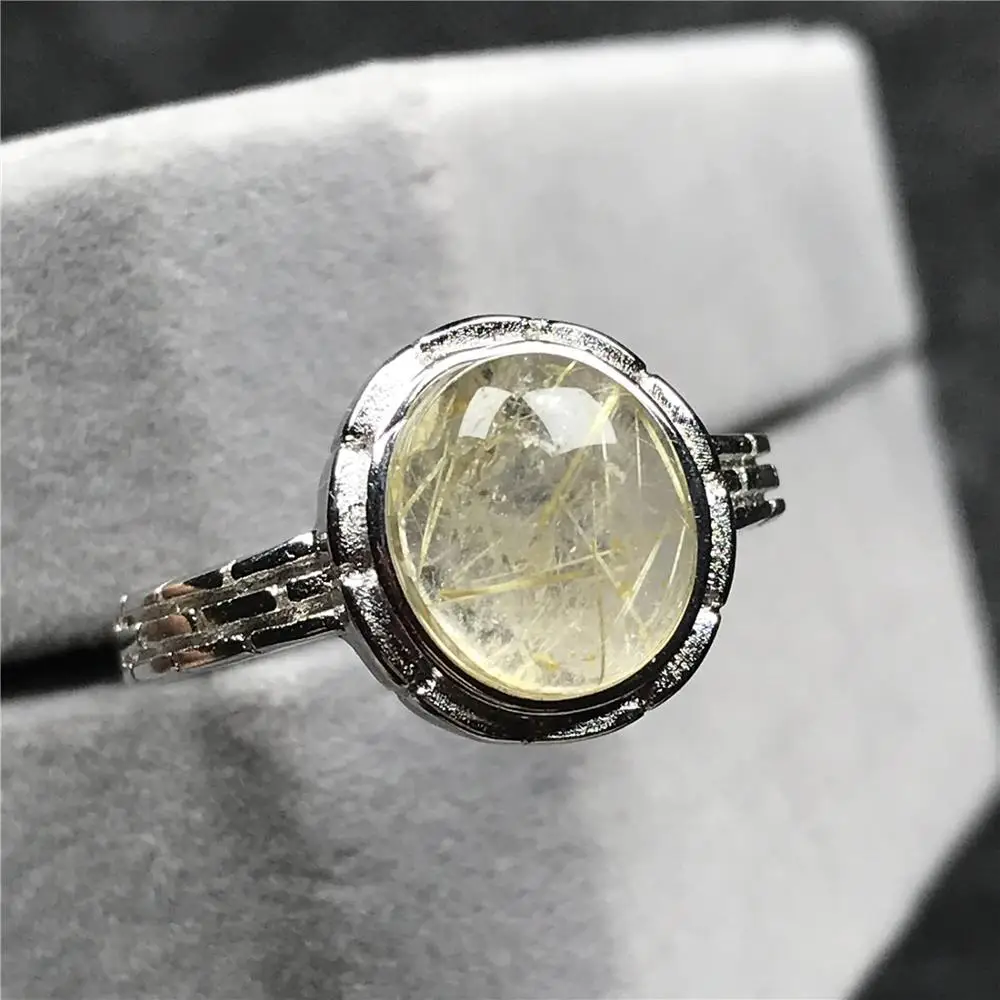 

10mm Genuine Natural Gold Rutilated Quartz Ring For Woman Man Crystal Round Beads Silver Adjustable Ring Fashion Jewelry AAAAA