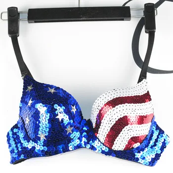 

Sequin USA America Flags Women Club Wear Stage Performance Dancing Costume Ladies Glitter Push Up Bras Fancy Dress