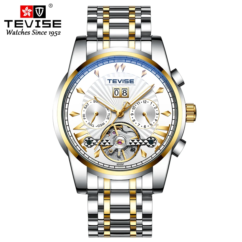 TEVISE, мужские Tourbillon, водонепроницаемые часы, автоматические механические часы, мужские часы со скелетом, мужские наручные часы, Relogio Masculino - Цвет: gold white