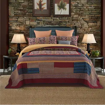 

1 Pc Bed cover+2pcs Pillowcases Khaki red blue Quilt Luxury Splicing Bedspread Retro style Blanket Doublebed Home textile cotton