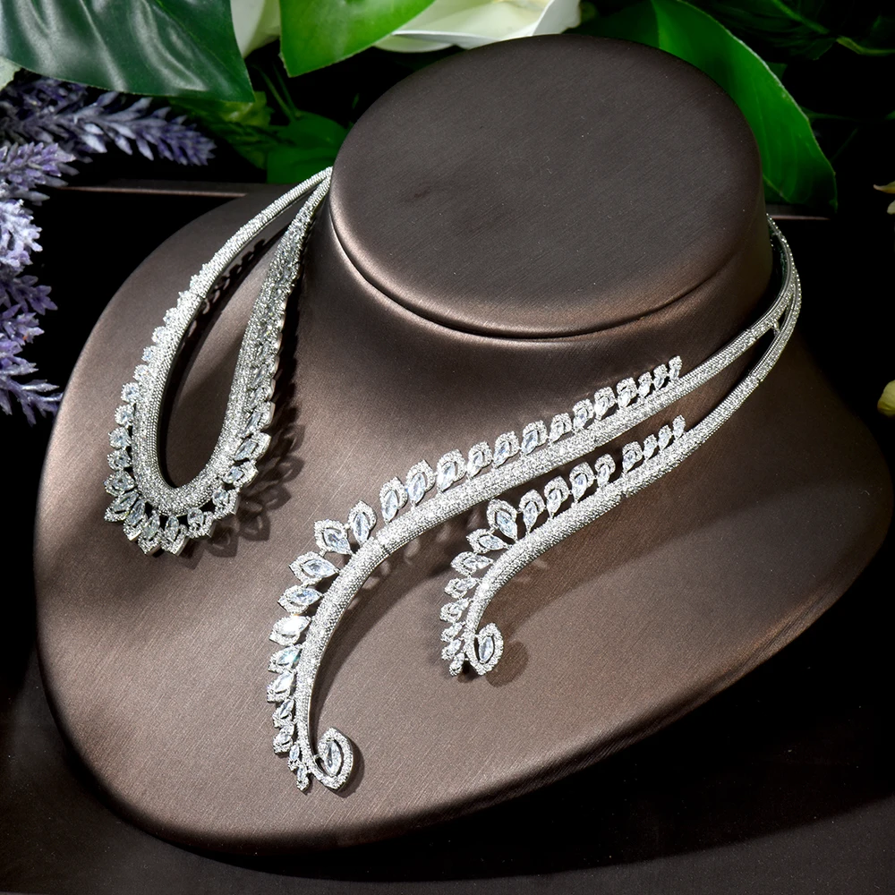 HIBRIDE Luxury 2PCS Feather Chokers Jewelry Sets For Women Wedding Cubic Zirconia CZ Dubai Bridal Jewelry Set Dance Party N-1655 - Image 5