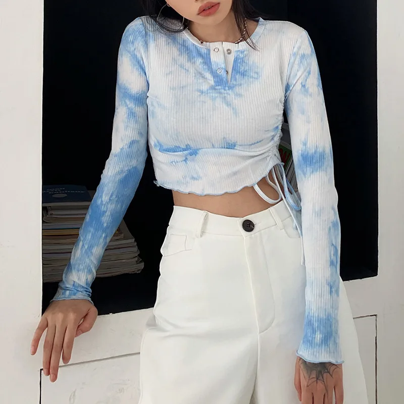 Waliicorners Blue Tie Dye Side Drawstring Pleated Knitting Rib Long Sleeve Casual T Shirt Navel Bare Crop Top Tshirt 7 20200726_114816_302