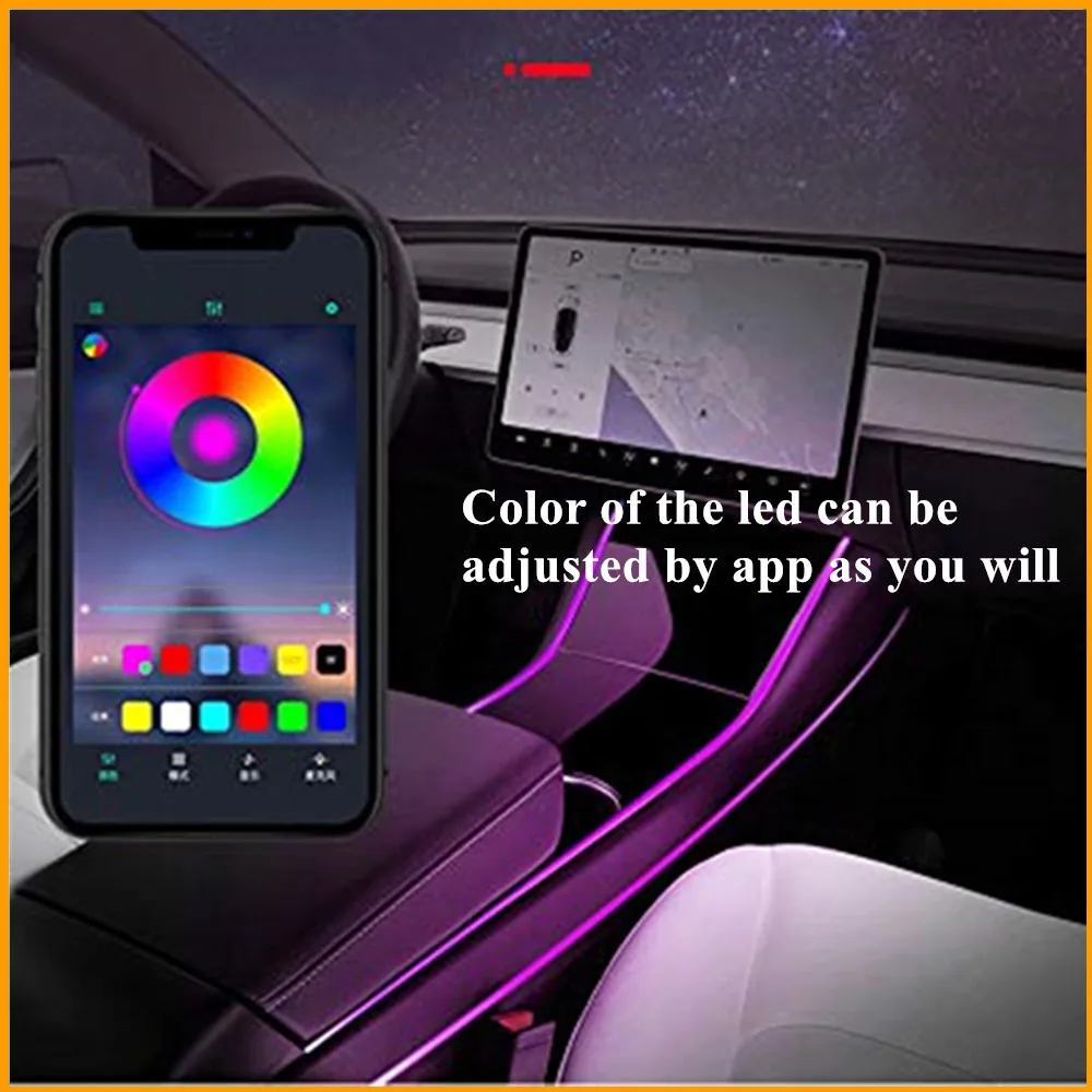 BeCar 1 Pc Center Console Lamp App Control Atmosphere Light for Tesla model 3 Multi Color LED Light Car Interior  Light Strip