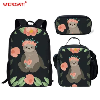 

WHEREISART 3Pcs/Set Sloth Printed School Bags for Teen Girls Boys Cartoon Printing Shoulder Student Bags Kids Backpacks Mochila