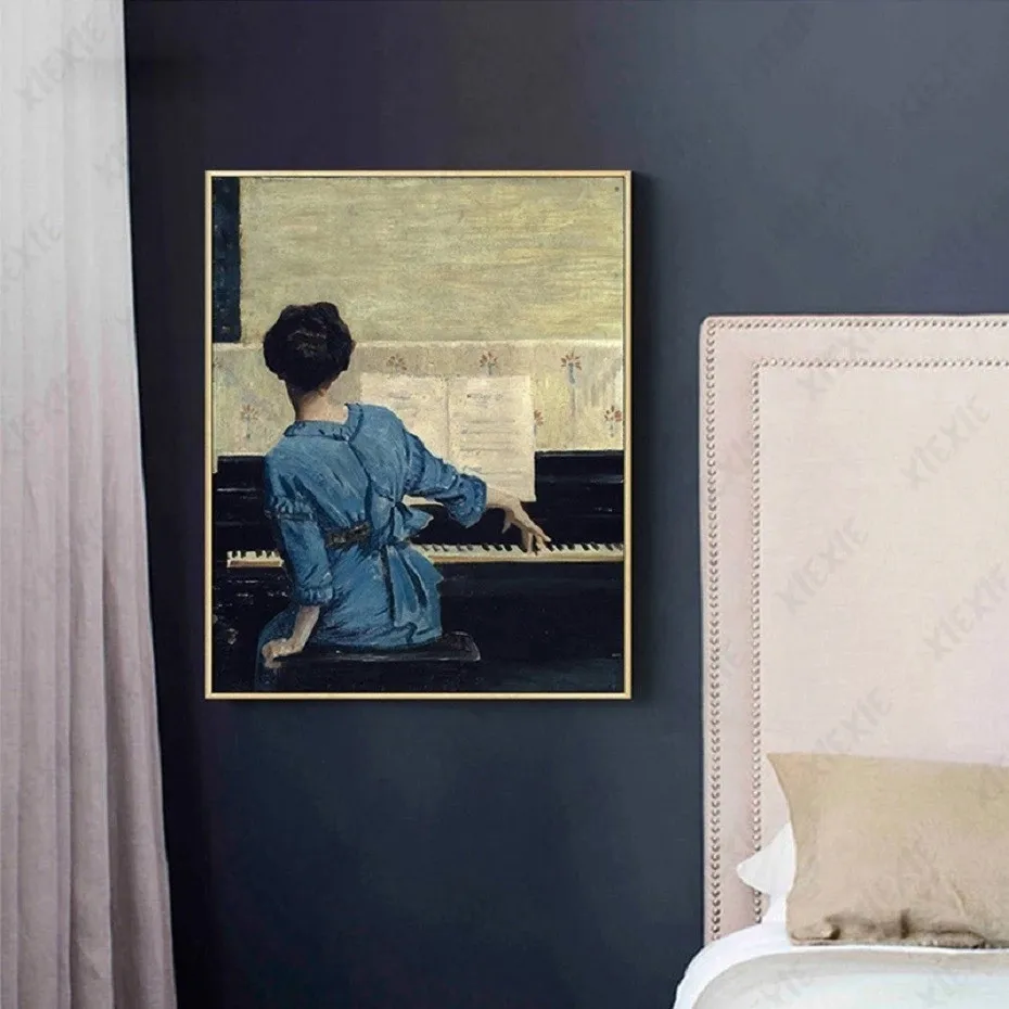 

Elegant Medieval Style Posters Retro Piano Girl Canvas Painting Wall Art Picture Decoration Home Living Room Bedroom Office