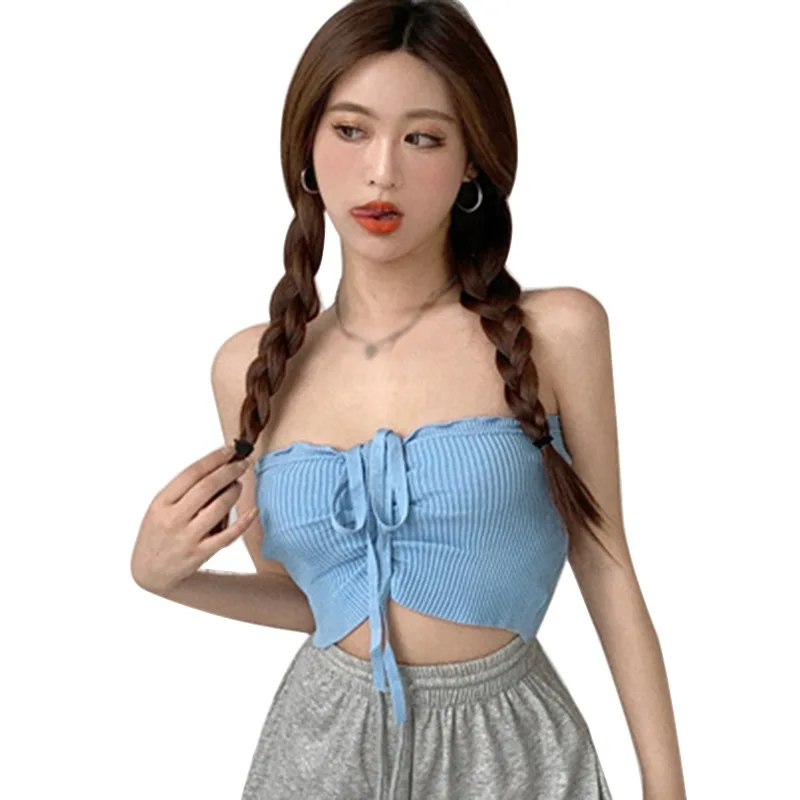 

DAXIN Sexy Summer Suspender Vest For Women Bra Off Shoulder Fashion Design Drawstring Open Navel Knitting Tanks 2021