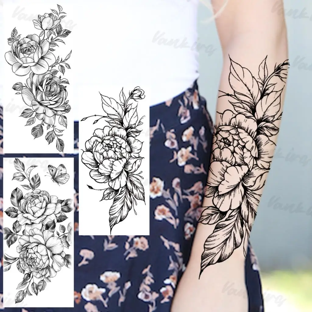 

3D Flower Temporary Tattoos For Women Girls Realistic Butterfly Peony Flower Fake Tattoo Sticker Forearm Thigh Waterproof Tatoos