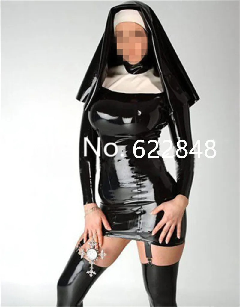 

Latex Nuns Queen Uniform with Garter Rubber Dress Costumes with Hood Clubwear sexy halloween costumes