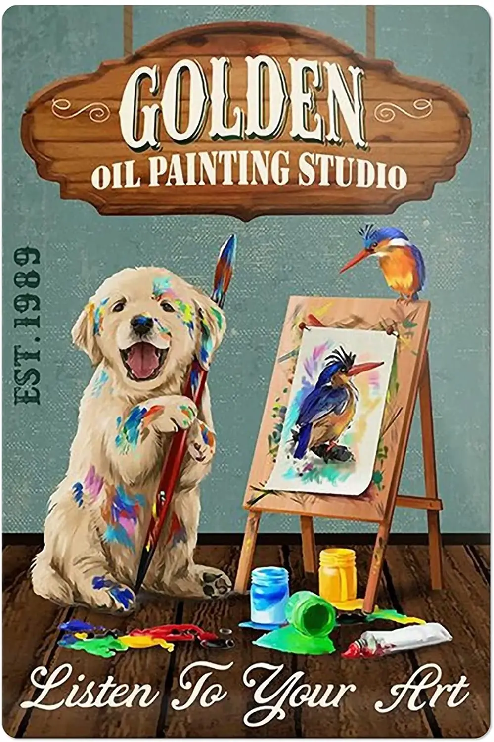 Golden Retriever Oil Painting Studio Metal Tin Sign, Ascolta La Tua Arte, Vintage Wall Decor Poster Wall Decor Per Bar Cafe Home