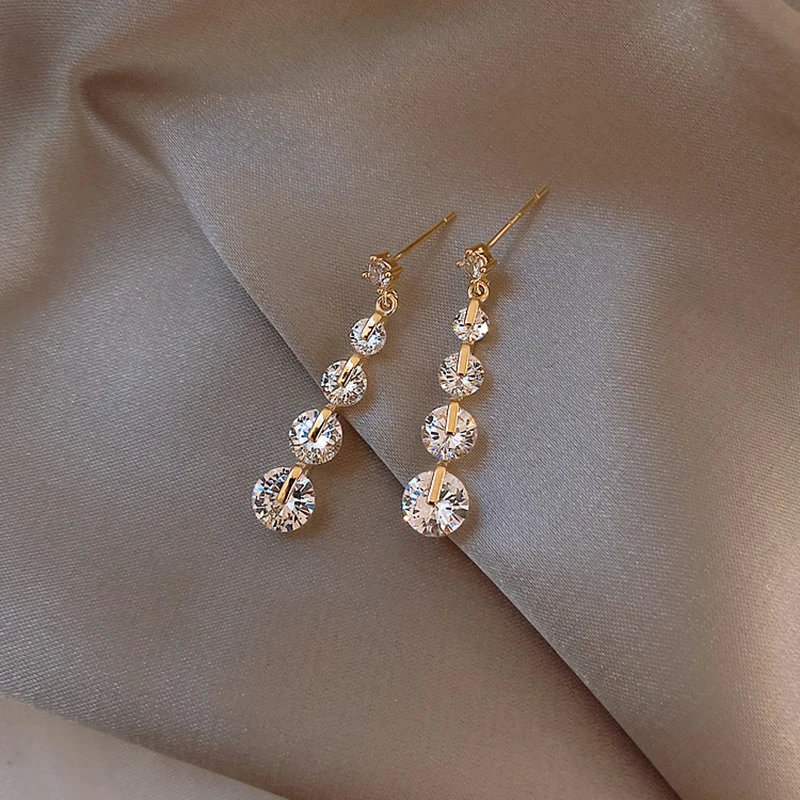 

New Arrival Fashion Gold Long 5pc Round CZ Tassel Drop Earrings For Women Girl Charm Crystal Jewelry