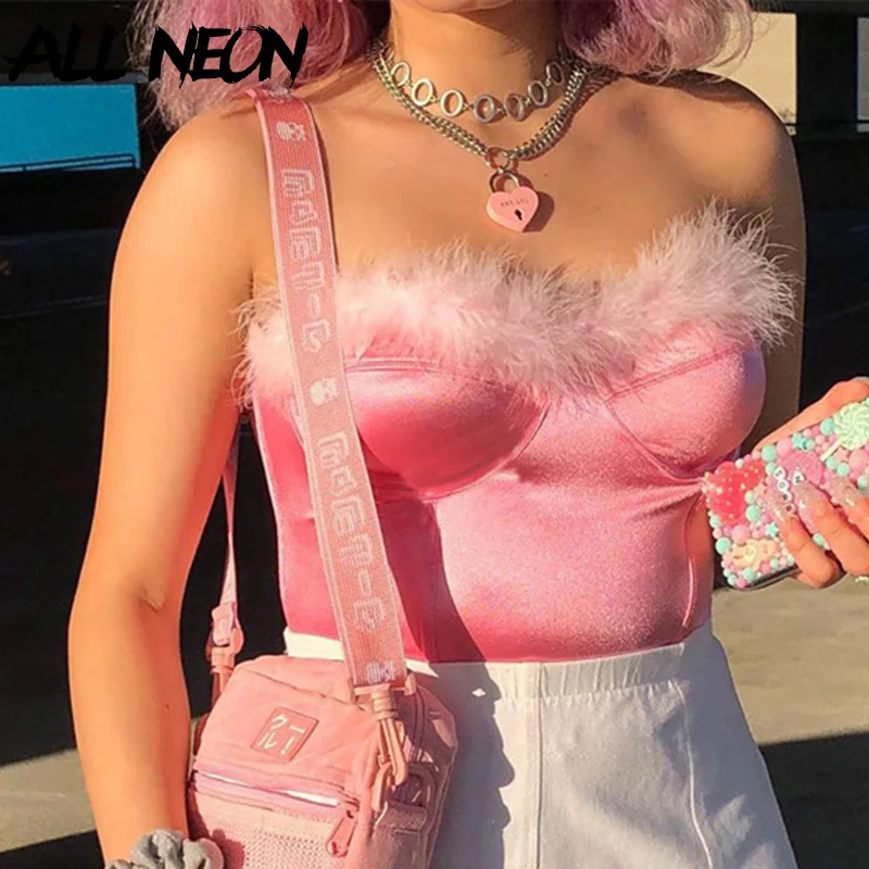 Женский укороченный топ в уличном стиле ярко розовый Топ без бретелек с перьями и