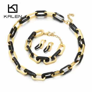 

Kalen Multiple Color Link Chain Necklace Bracelet Earrings Sets For Women Stainless Steel Frauen Jewelry Sets Clothing Accessory