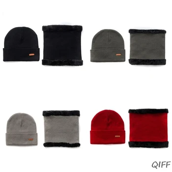

Adult Kids Slouchy Knitted Beanie Hat Scarf Set Cuffed Solid Color Slouchy Ski Cap Winter Thicken Plush Lined Circle Neck Warmer
