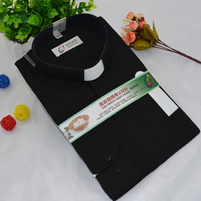 Black Top Priest Shirt Long Sleeve Pastor Clergy Stand up Collar Minister Preacher Tops Roman